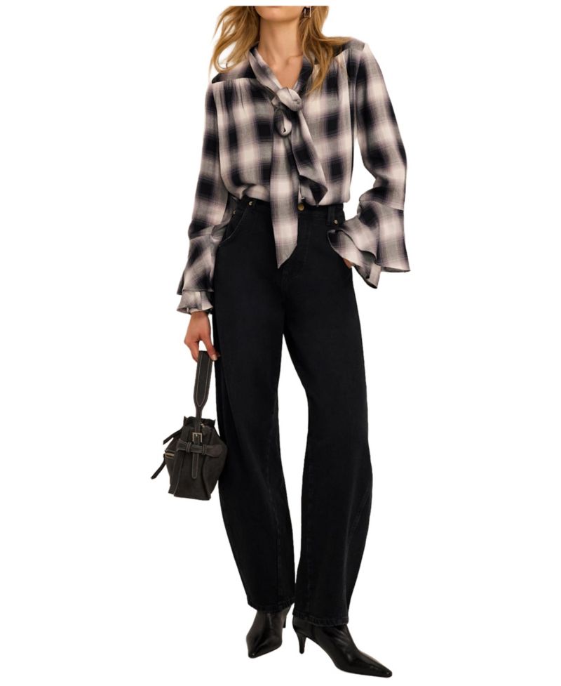 Women's Check-Print Tie Pussybow Long-Ruffle Sleeves Blouse