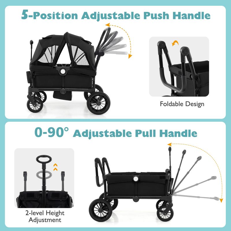 2-Seater Collapsible Kids Wagon Stroller with Push Pull Handle and Adjustable Bar