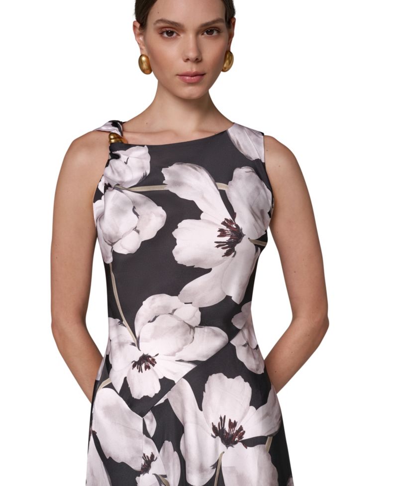 Women's Floral Asymmetrical Hem Boat Neck Midi Dress