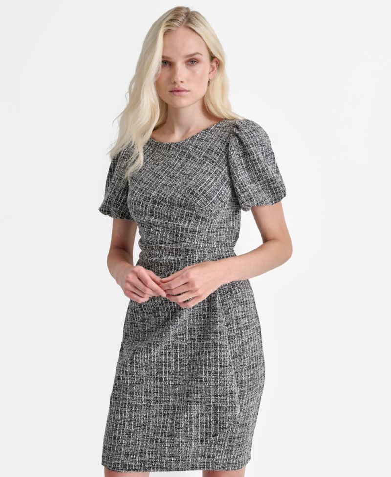 Women's Bubble Sleeve Ruched Boat Neck Sheath Dress
