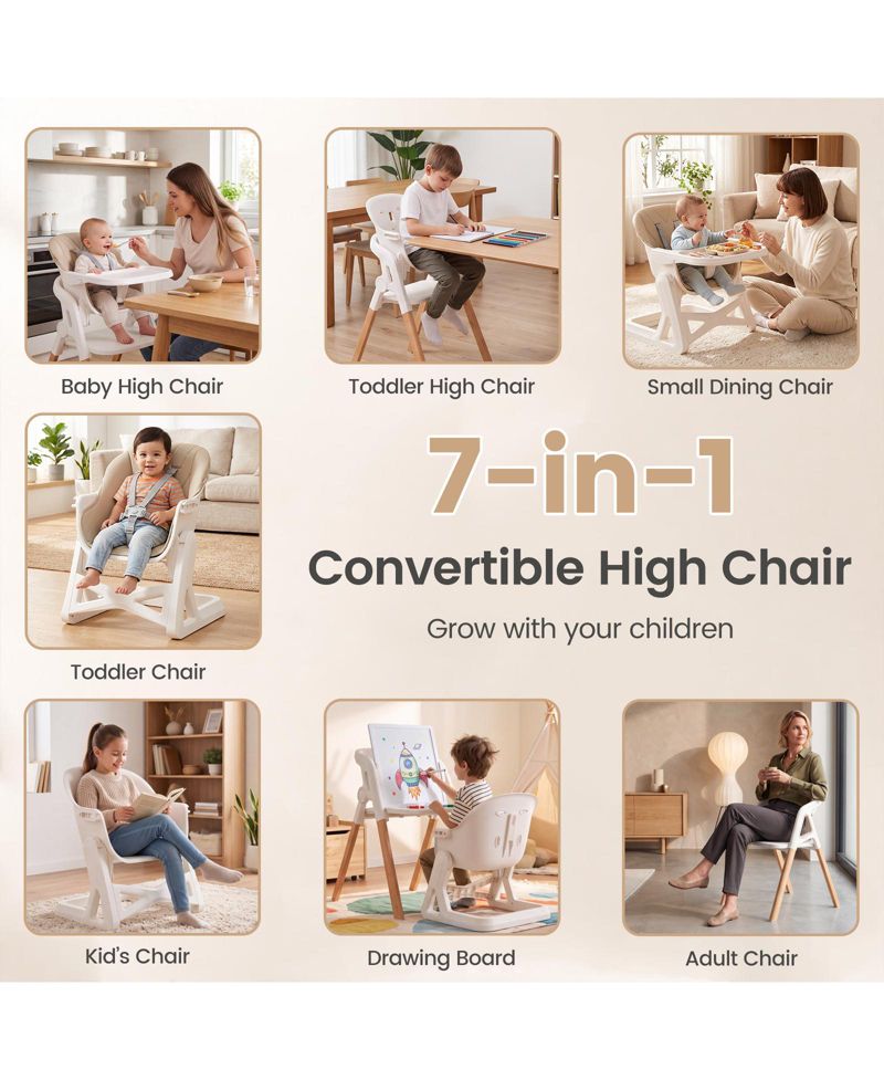 7-in-1 Convertible Adjustable Tray and Adjustable Heights High Chair