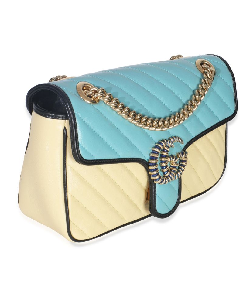 Blue Yellow Calfskin Matelasse Diagonal Torchon Small GG Marmont Bag