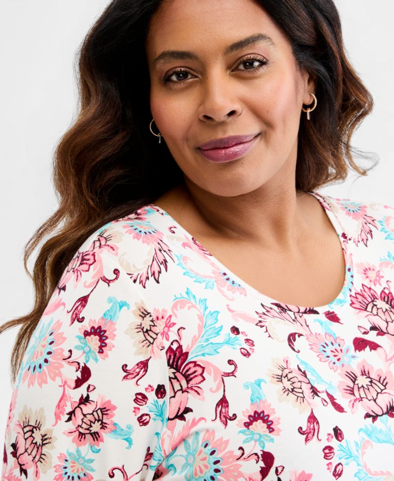 Petite Printed Scoop-Neck 3/4-Sleeve Top