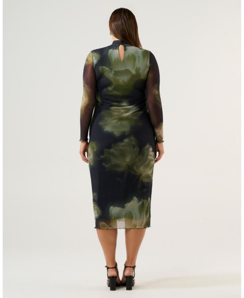 Women's Peace Lily Floral Bodycon Long Sleeve Mesh Dress