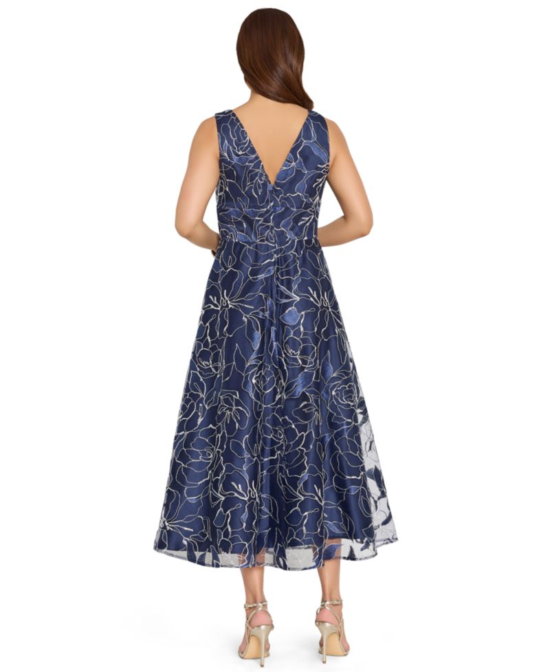 Women's Floral Metallic Soutache A-Line Midi Dress
