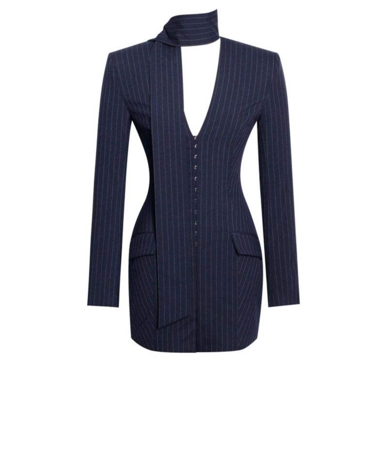 Women's Tahlia Deep V Pinstripes Navy Blue Blazer Dress with scarf collar