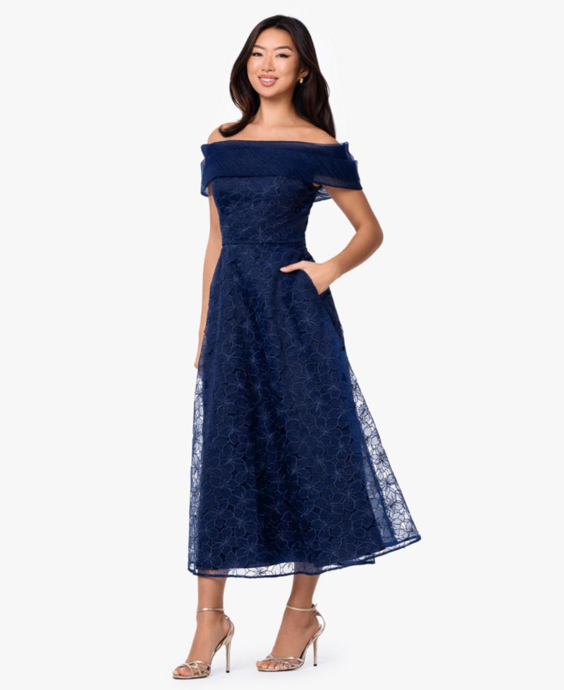 Women's Off-The-Shoulder Embroidered A-Line Midi Dress
