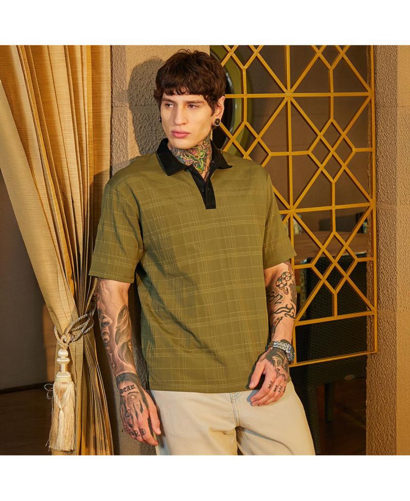 Men's Olive Green and Onyx Black Contrast Grid Polo T-Shirt
