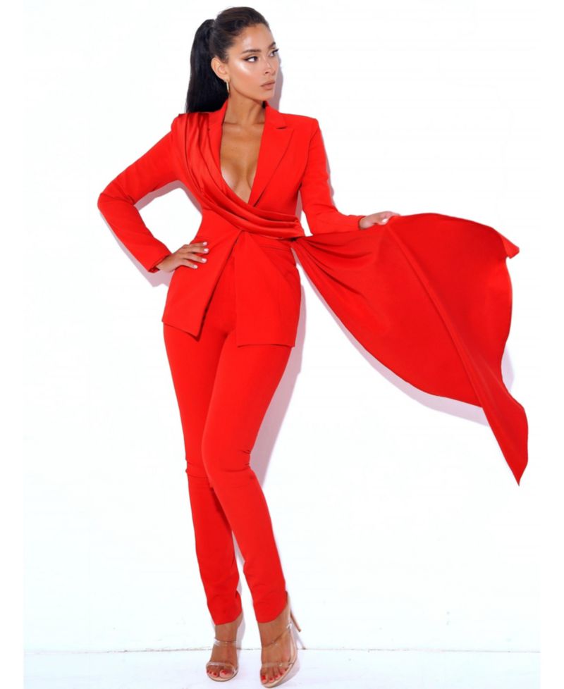 Women's Vayla Red Skinny Fit Crepe Trousers