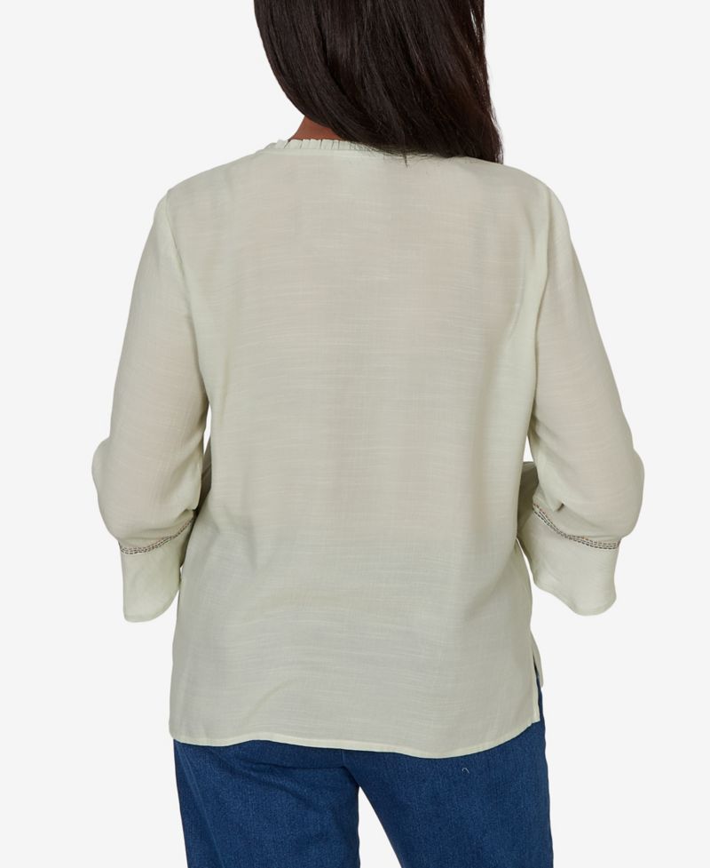 Petite Floral Embroidered Squares Button-Front Top