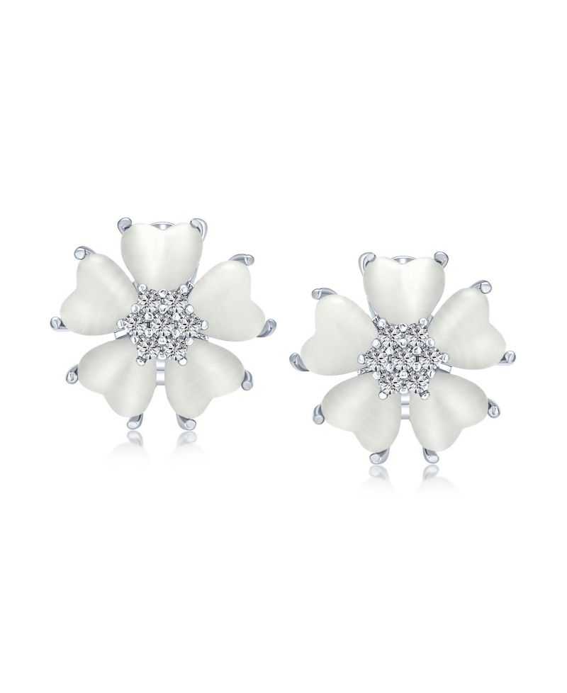 Cat Eye Quartz Heart-Shaped Petals Flower Stud Earrings Silver Plated