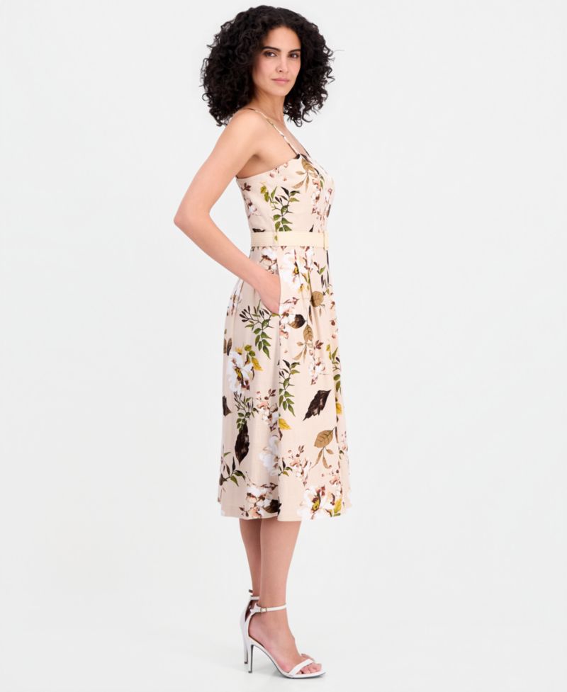 Women's Printed Belted Sleeveless Linen Blend Dress