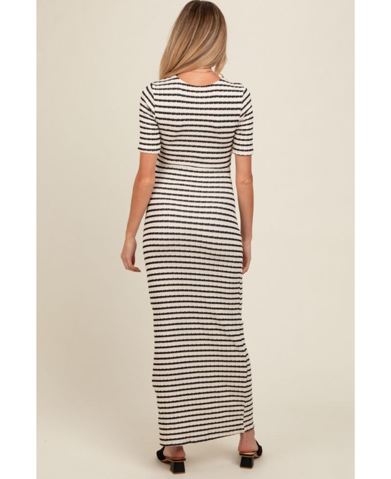 Women's Ivory Black Striped Knit Short Sleeve Maxi Dress