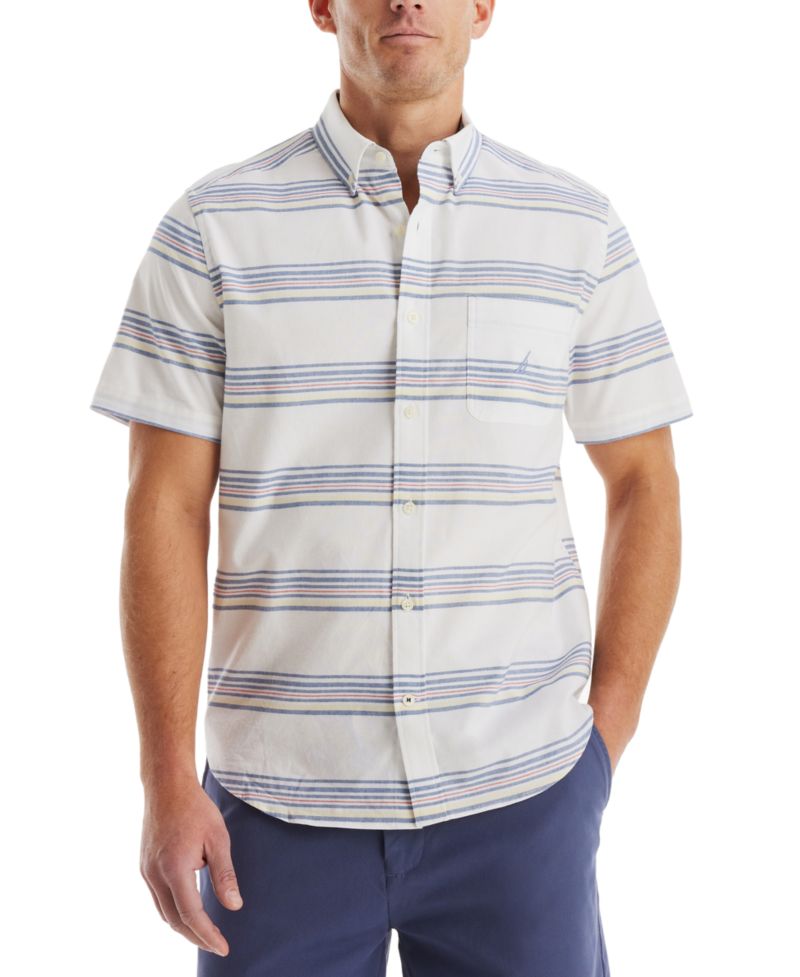 Men's Short Sleeve Button-Down Striped Oxford Shirt