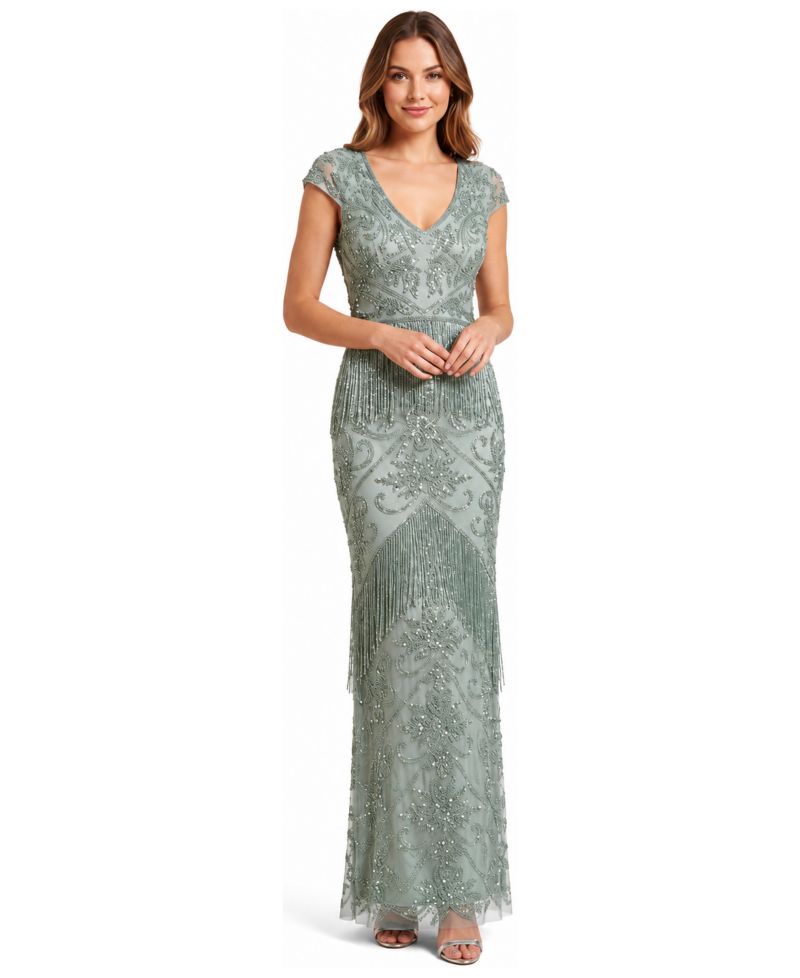 Plus Size Cap-Sleeve Beaded Fringe Gown