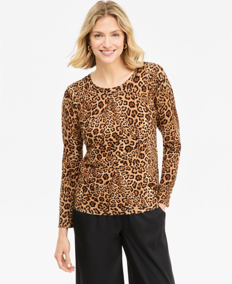 Petite Bold Leopard Long-Sleeve Crewneck Sweater