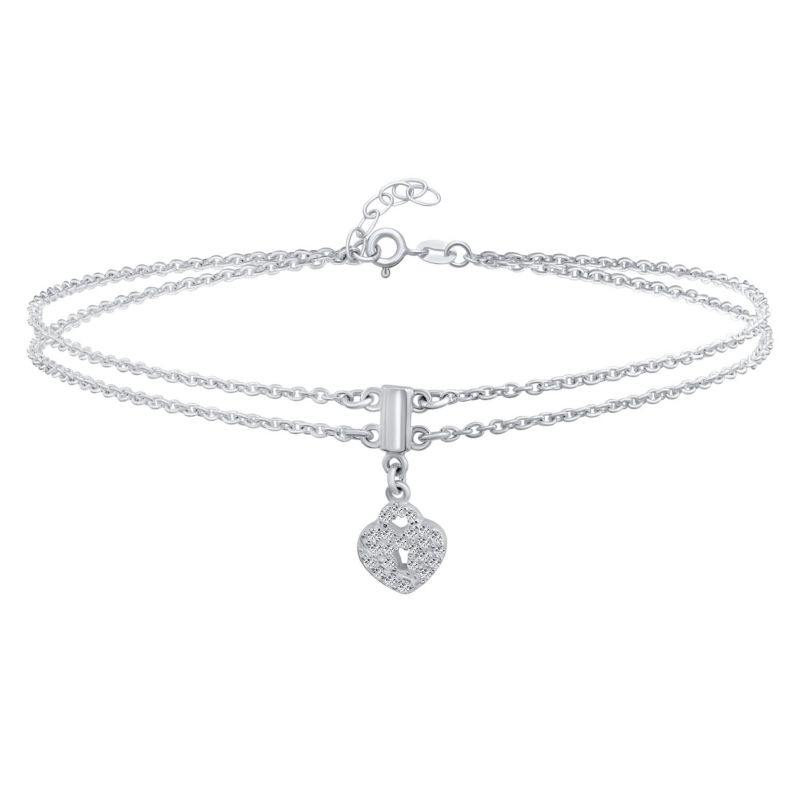Heart Lock Anklet Charm Ankle Bracelet Double Strand .925 Sterling Silver