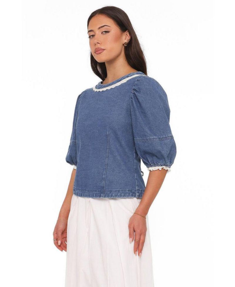 Women's Merli Denim Open-Back Puff-Sleeve Top
