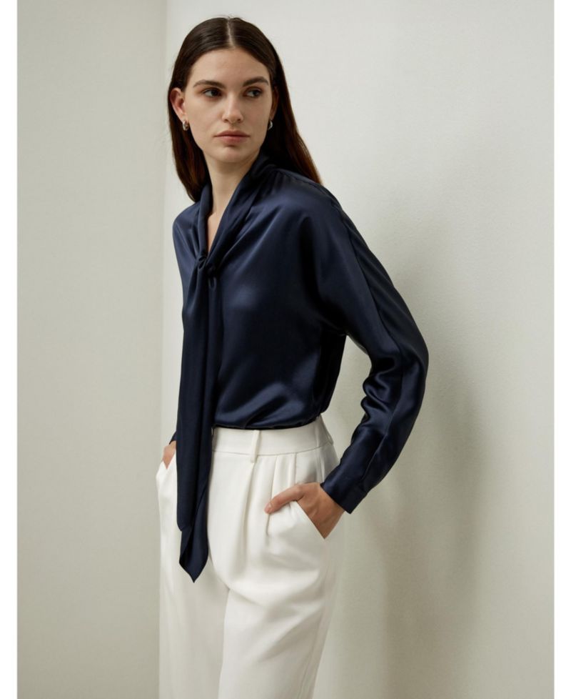 Women's Batwing Silk Top with Adjustable Neck Tie