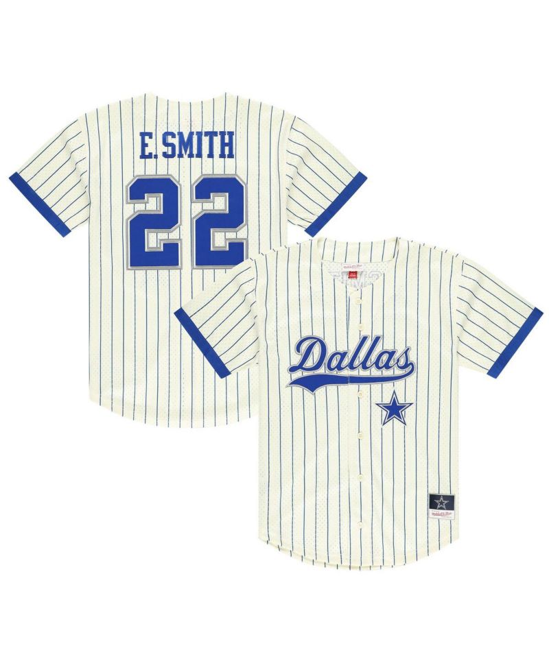 Men's Emmitt Smith Cream Dallas Cowboys Name & Number Mesh Button-Up Baseball Jersey