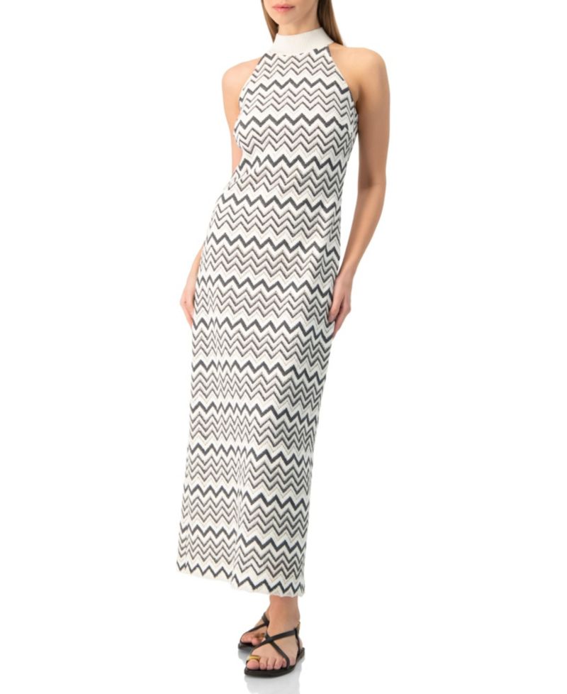 Women's Zigzag Knit Halter Neck Sleeveless Midi Dress