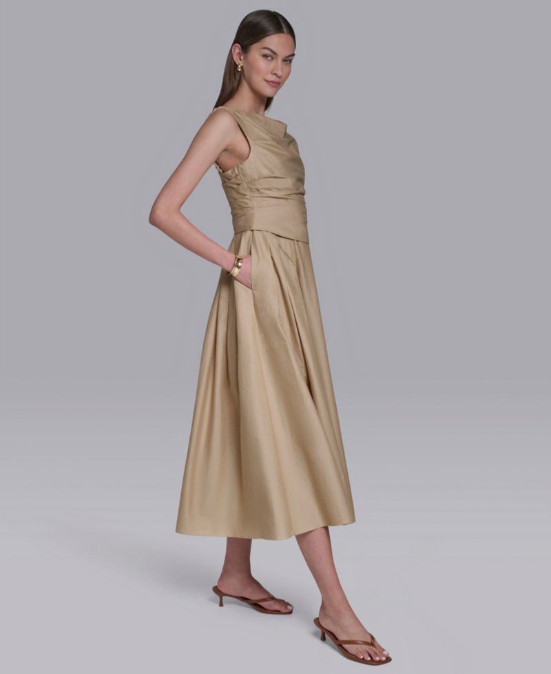 Women's Boat Neck Sleeveless Pleated Midi Dress
