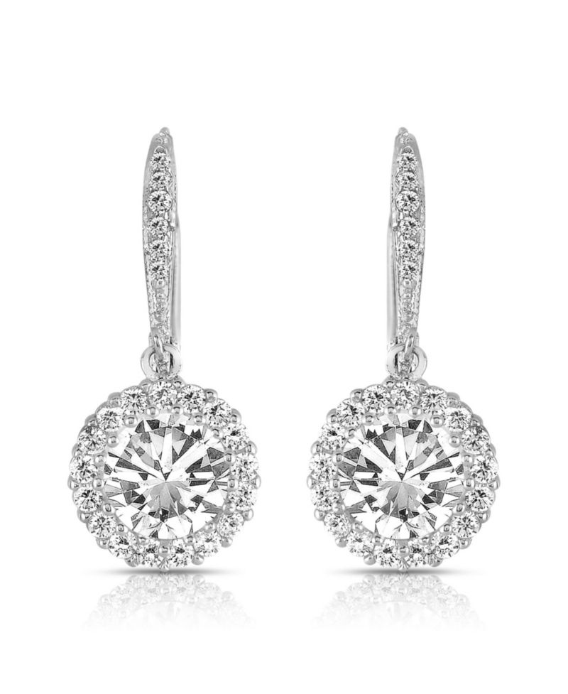 Brilliant Sterling Silver Round CZ Haloed Solitaire Drop Earrings