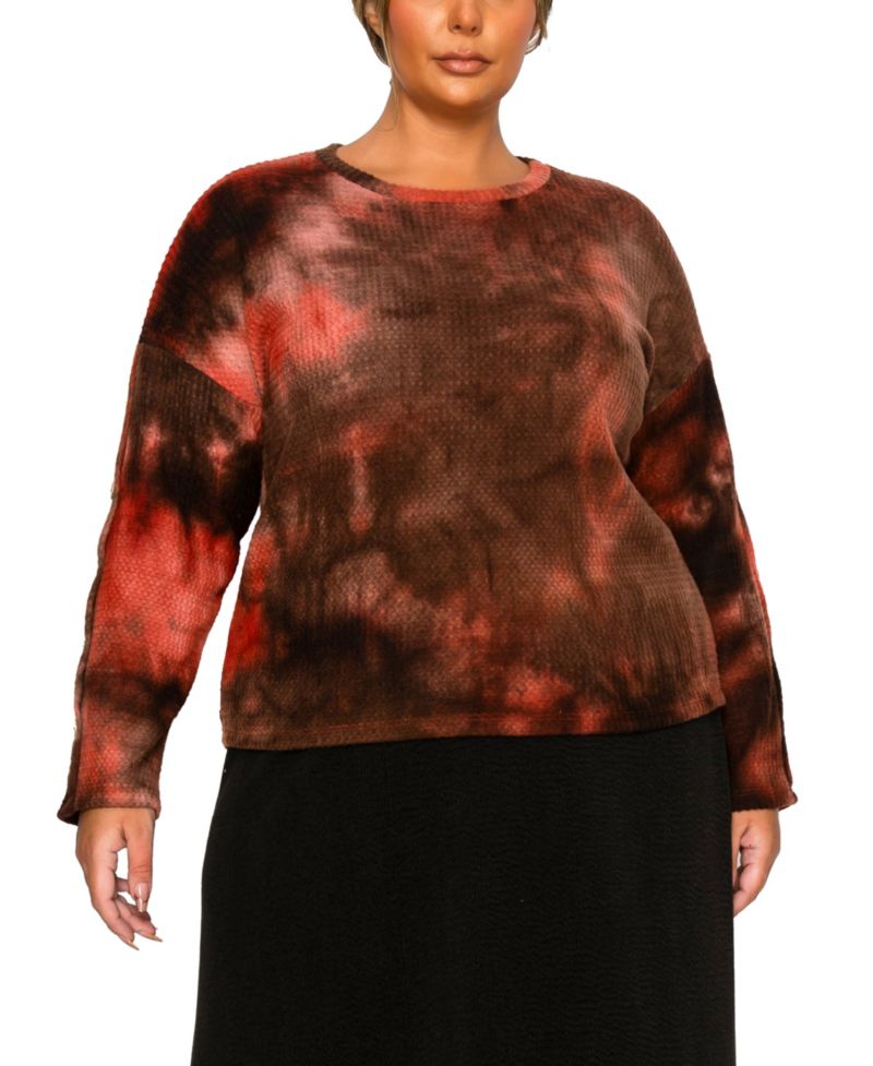Plus Size Brushed Tie Dye Waffle Crew Neck Top