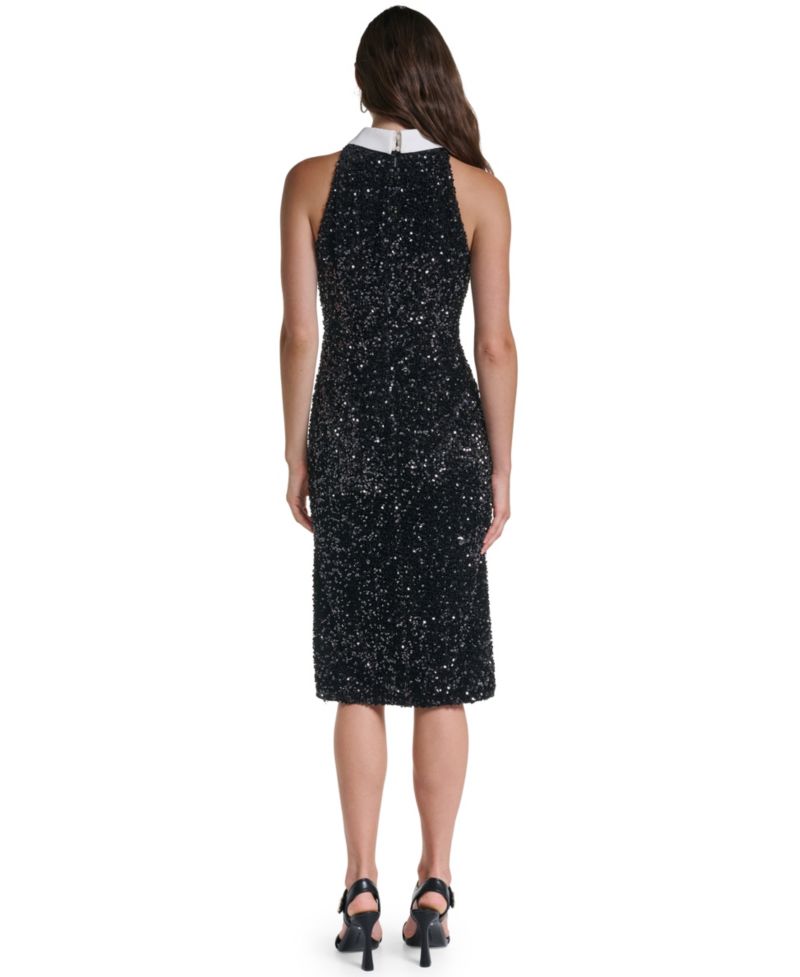 Women's Sequin Velvet Contrast Collar Midi Dress
