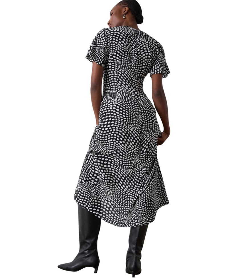 Women's Mixed Dot Scarf Polka-Dot Tie-Neck Short-Sleeve Midi Dress