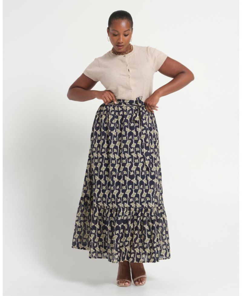 Plus size Sea Lily Print Tiered A-Line Midi Skirt