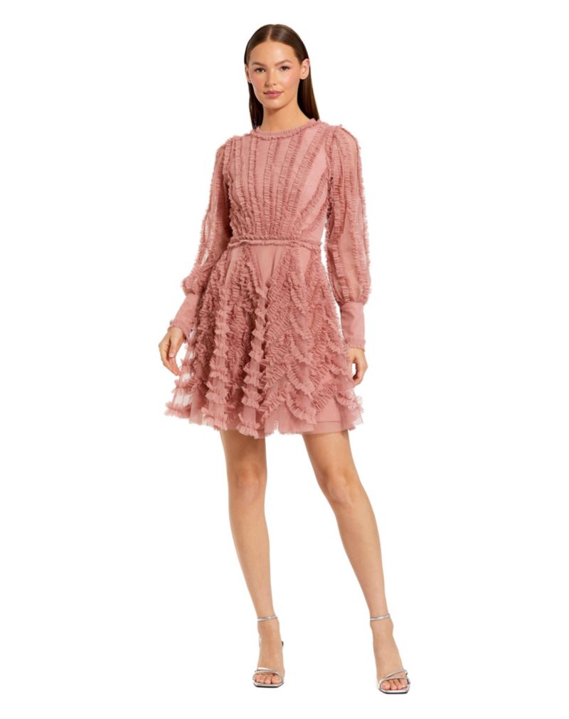 Women's Ruffle Lace Up Back Long Sleeve Mini Dress