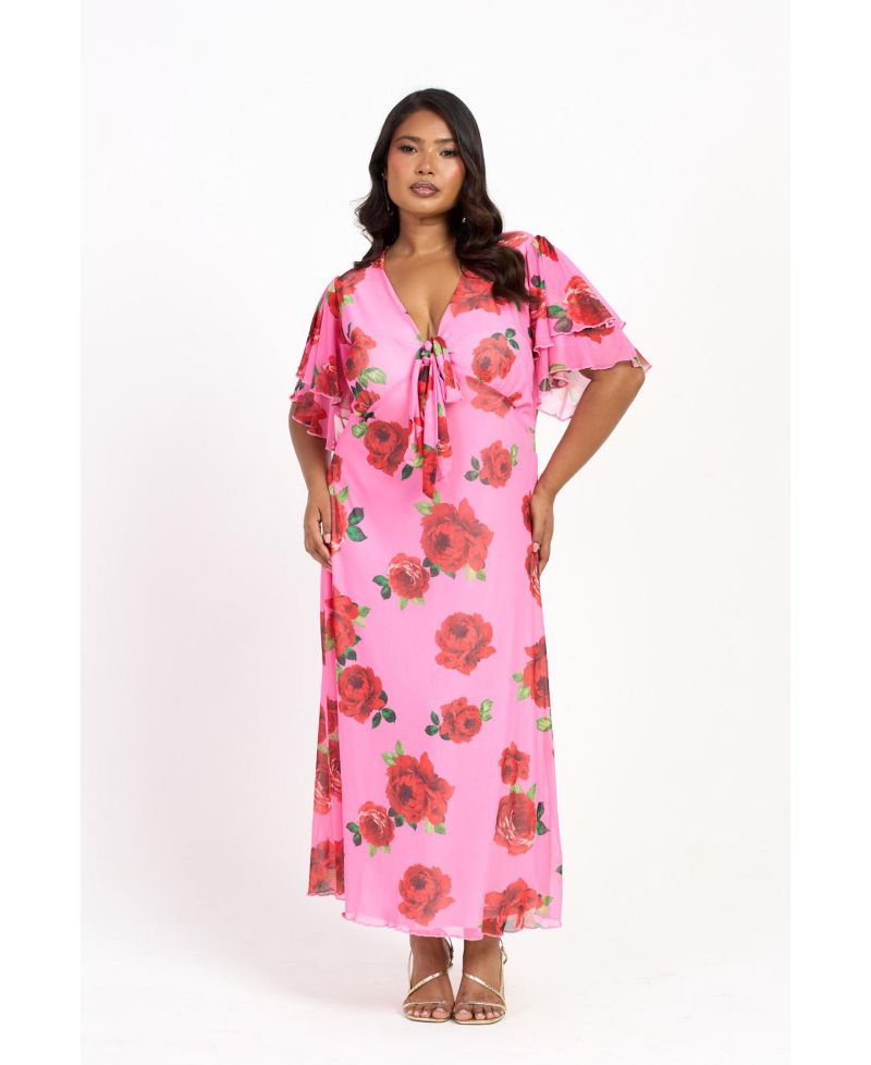 Women's Flutter Sleeve Tie Front Midi Dress