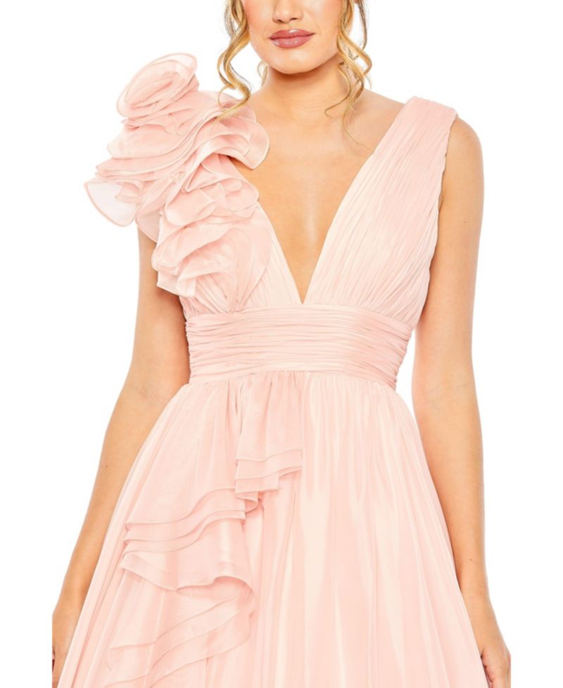 Women's One-Shoulder Ruffle Ball Gown with Plunging V-Neck