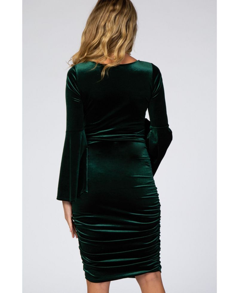 Women's Forest Green Velvet Ruched Bell Sleeve Dress