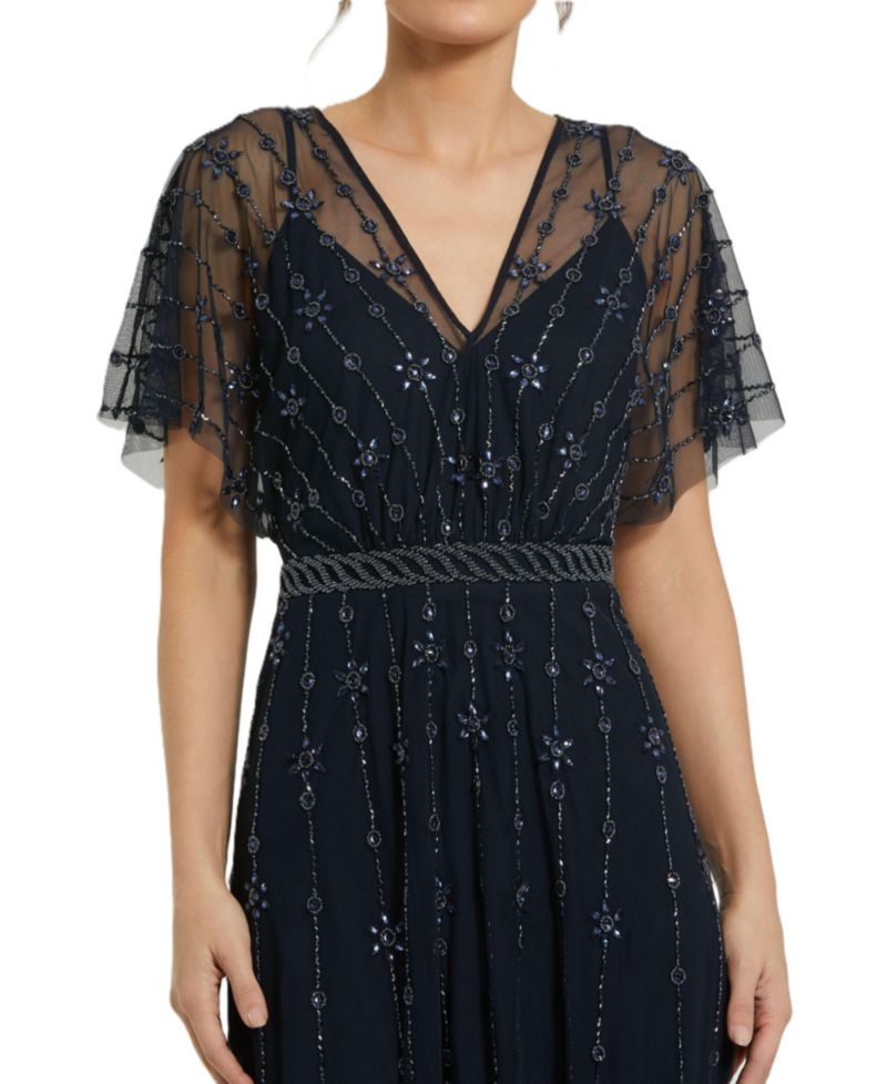 Women's V Neck Embellished Flutter Sleeve A Line Gown