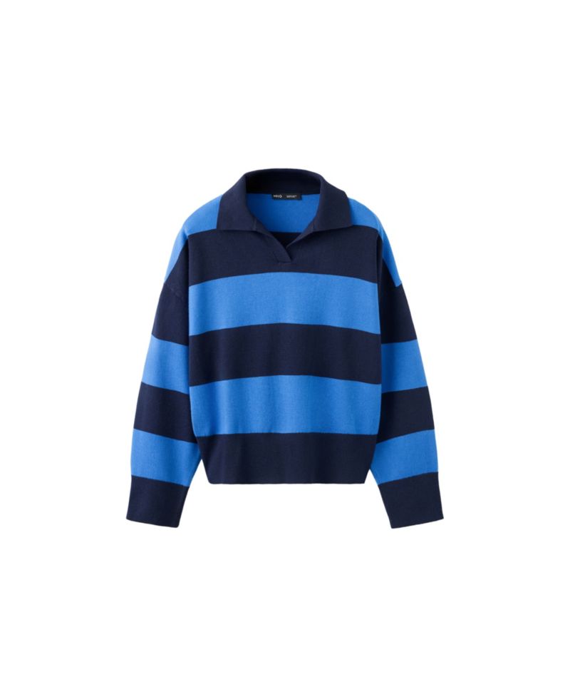 Women's Striped Polo-Neck Long-Sleeve Sweater