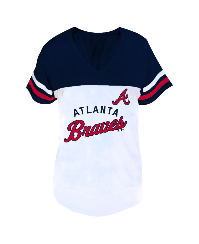 Women's White/Navy Atlanta Braves Plus Size Two-Stripe V-Neck T-Shirt