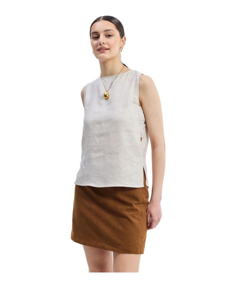 Women's Boat Neck Top in Checkered Linen
