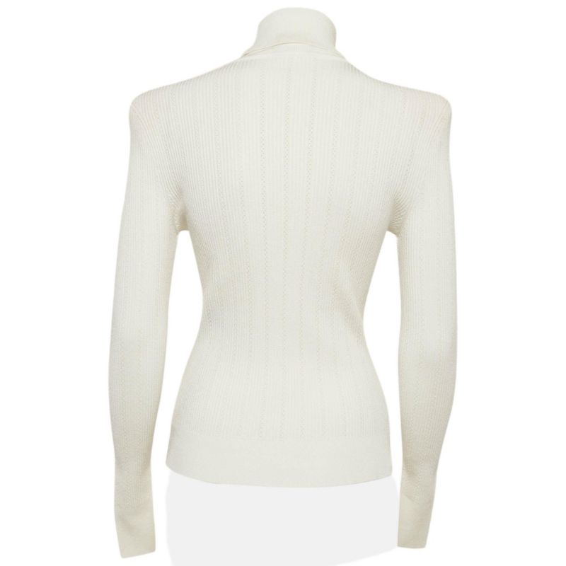 Women's White Rib Knit Structured Shoulders Turtleneck Sweater