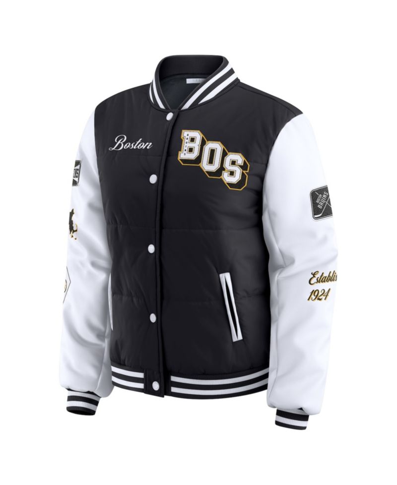Women's Black/White Boston Bruins Varsity Full-Snap Puffer Jacket