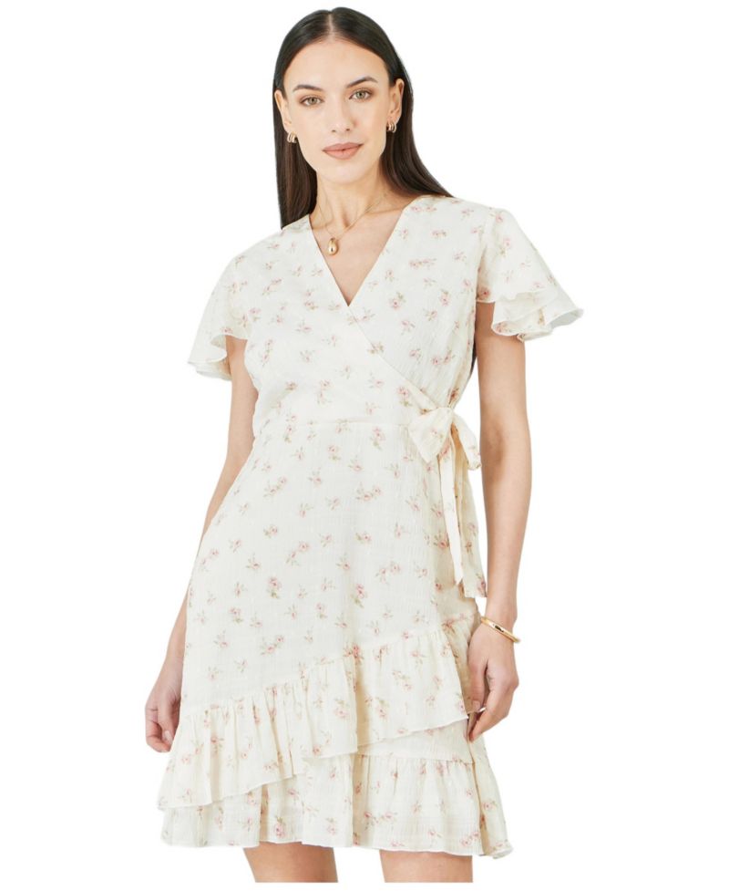 Women's Rose Print Wrap Over Frill Dress