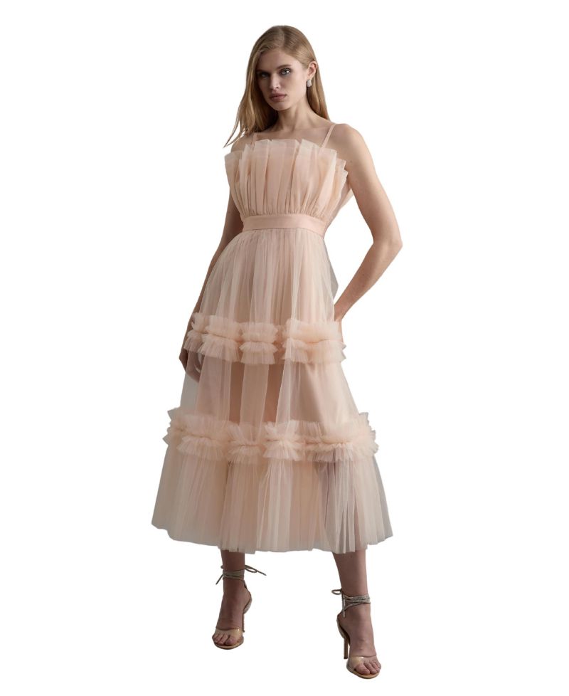 Women's Square Neck Tiered Tulle Midi Dress