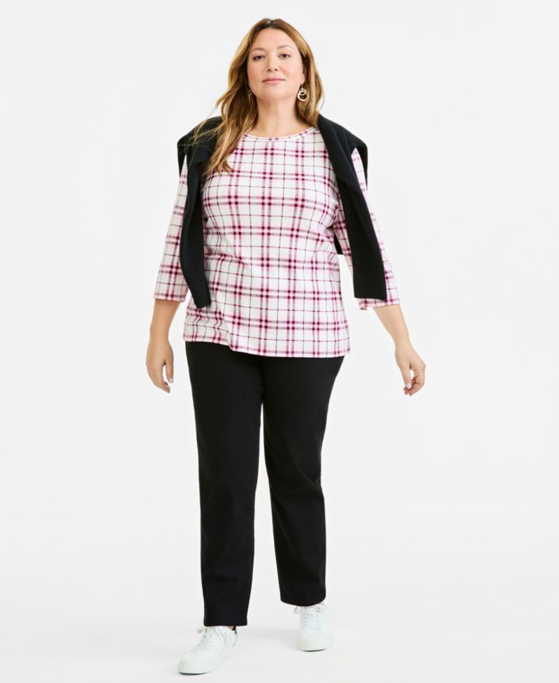 Petite Printed Pima Cotton 3/4-Sleeve Boatneck Top