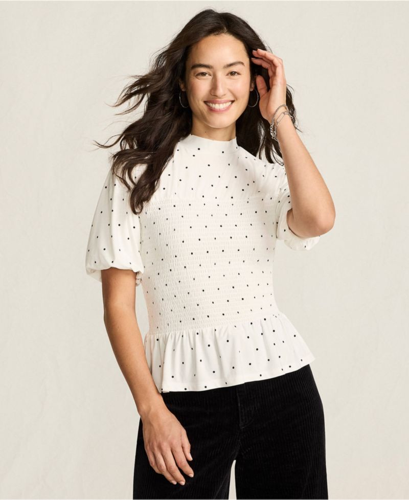 Women's Bubble Sleeve Silky Knit Smocked Mock Neck Top