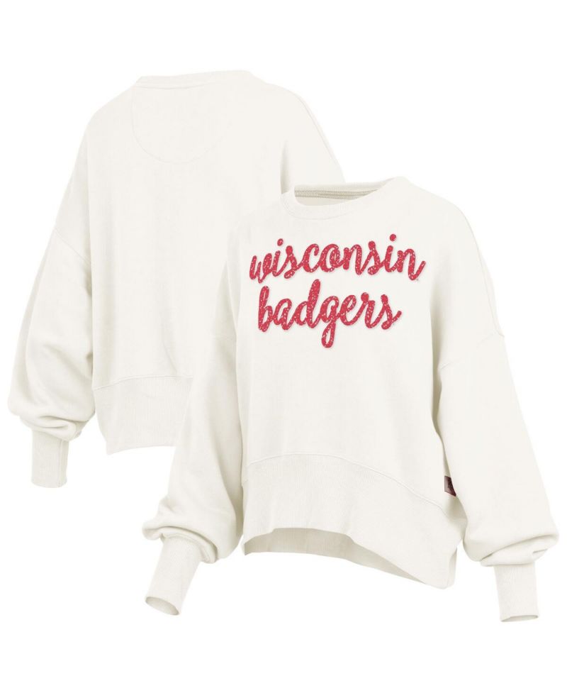 Women's Cream Wisconsin Badgers Oversized Chelsea Waist Length Pullover Sweatshirt