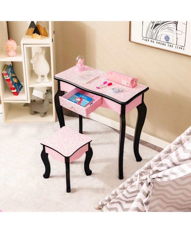 Kid Vanity Set Wooden Makeup Table Stool Tri-Folding Mirror