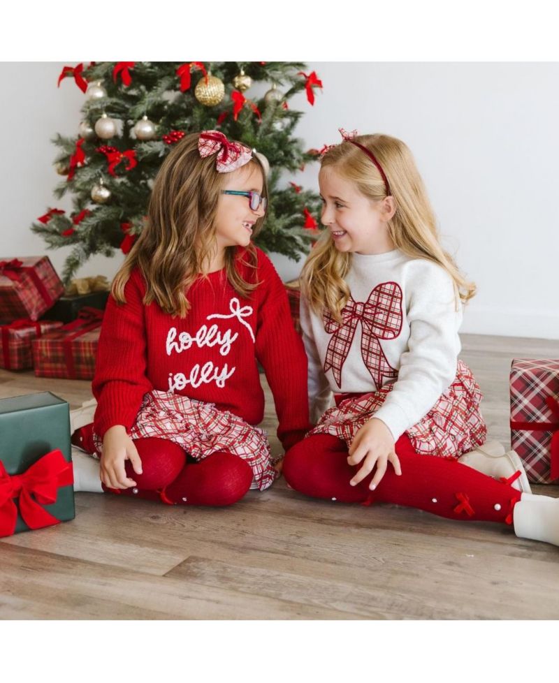 Little Girls Christmas Plaid Bow Patch Sweatshirt