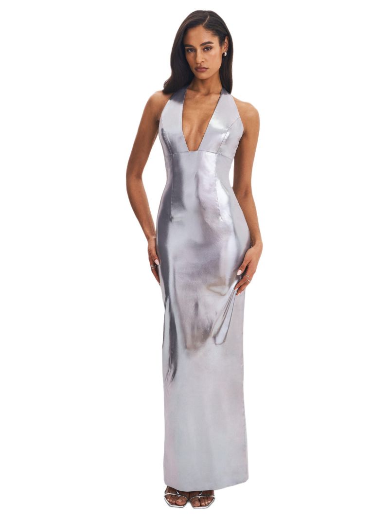 Women's Valeska Silver Foil Plunging Sheath Maxi Dress
