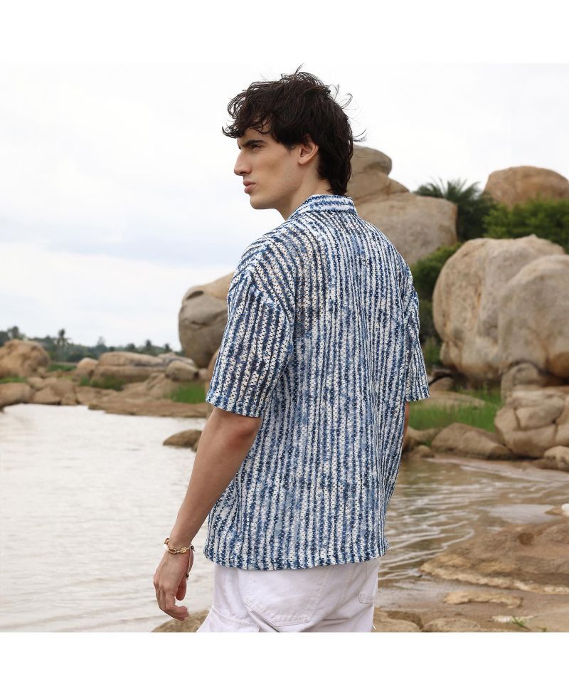 Men's Navy Blue & Ivory White Ombre-Striped Oversized Shirt